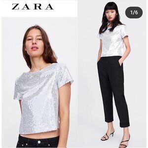 Zara Basics Shirt Cropped Top White Sequins Short Sleeve - Size L